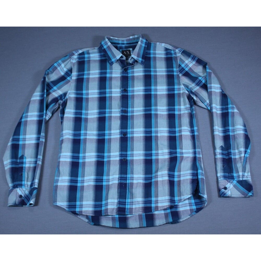 Armani Exchange Fitted Casual Mens Teal Blue Plaid Button Up Long Sleeve Shirt L